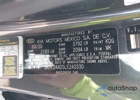 2020 Kia Forte Lxs из США, поврежденный, VIN 3KPF24AD5LE243330